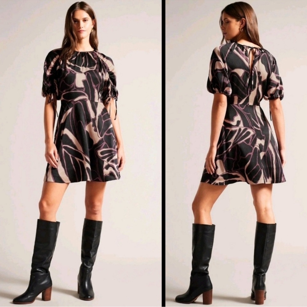 Ted Baker Gilliaa Abstract Print Mini Fit & Flare Puff Sleeves Dress Size 0 NWT